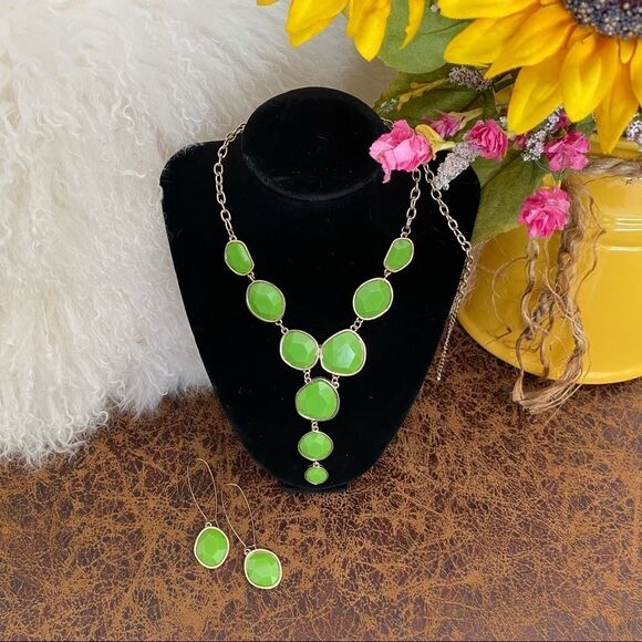 Jewelry Necklace and Earring Set Green Faux Gem Y Shaped Necklace Dangle Earring - Picture 15 of 15